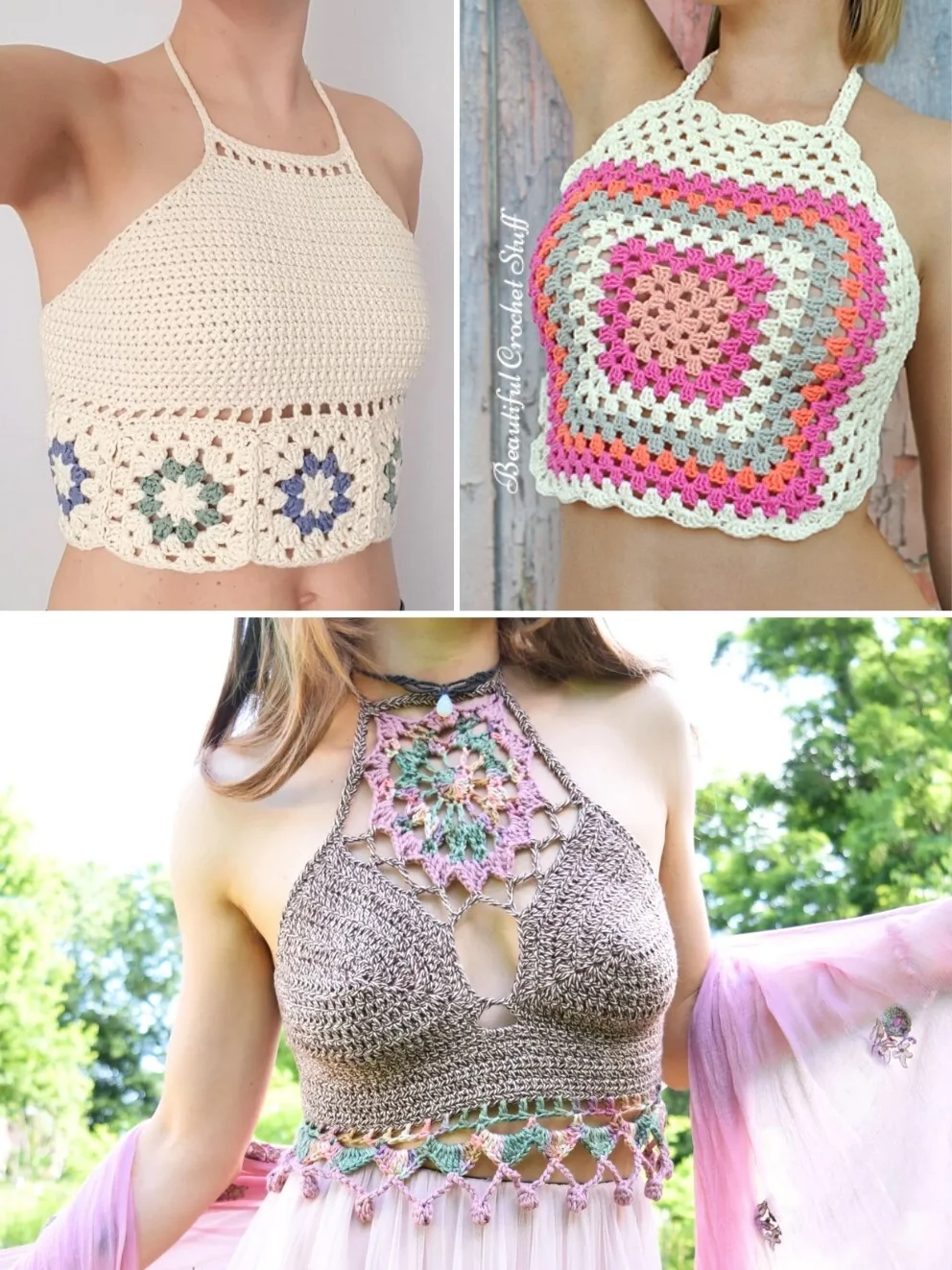 a collection of colorful crochet halter tops