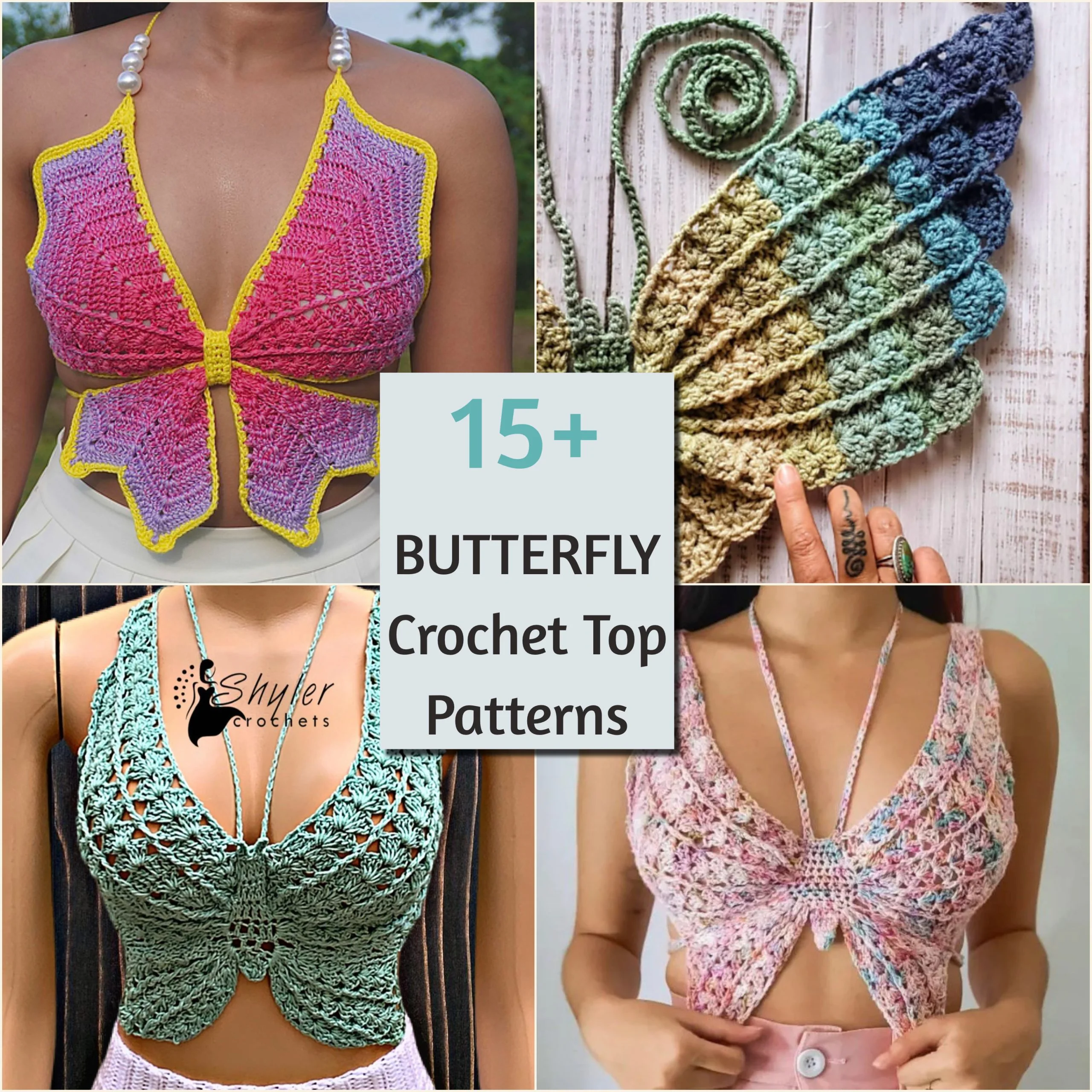 A collage of photos presenting butterfly crochet crop tops