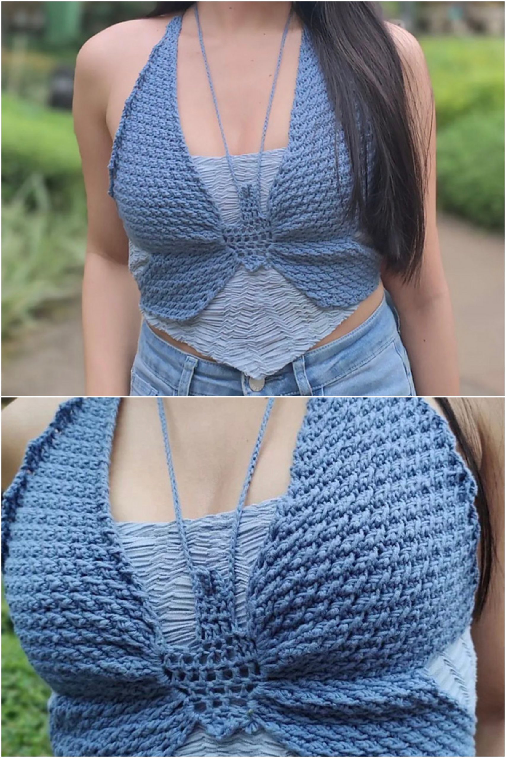 A baby blue crocheted butterfly crop top with mesh lining underneath