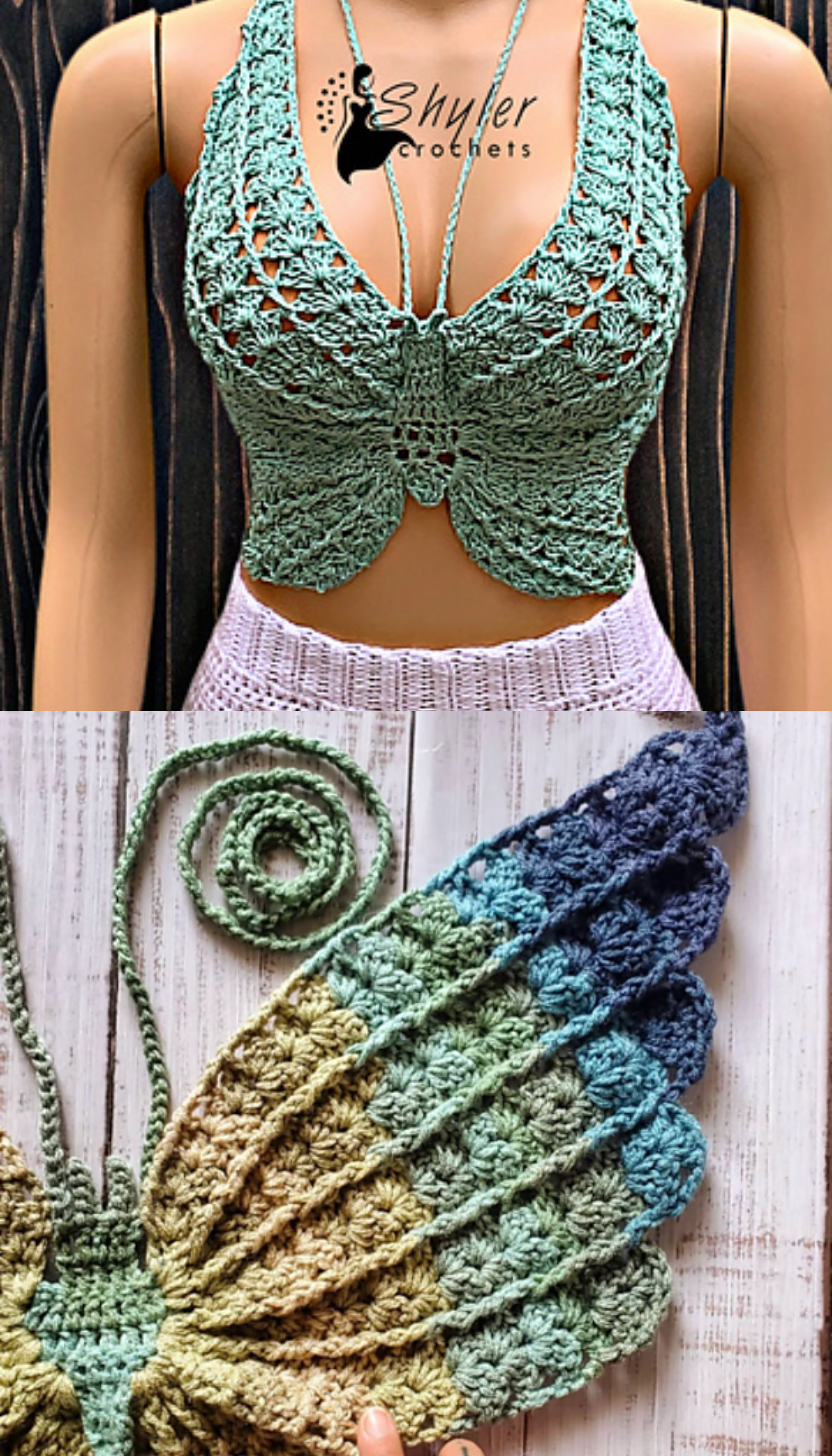 A butterfly crop top crocheted in a shell stitch