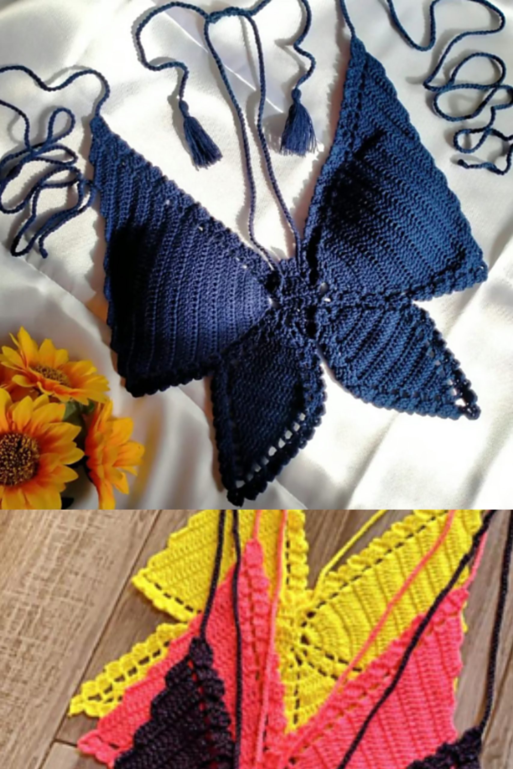 Crocheted Butterfly Crop Top in navy, orange, red and black