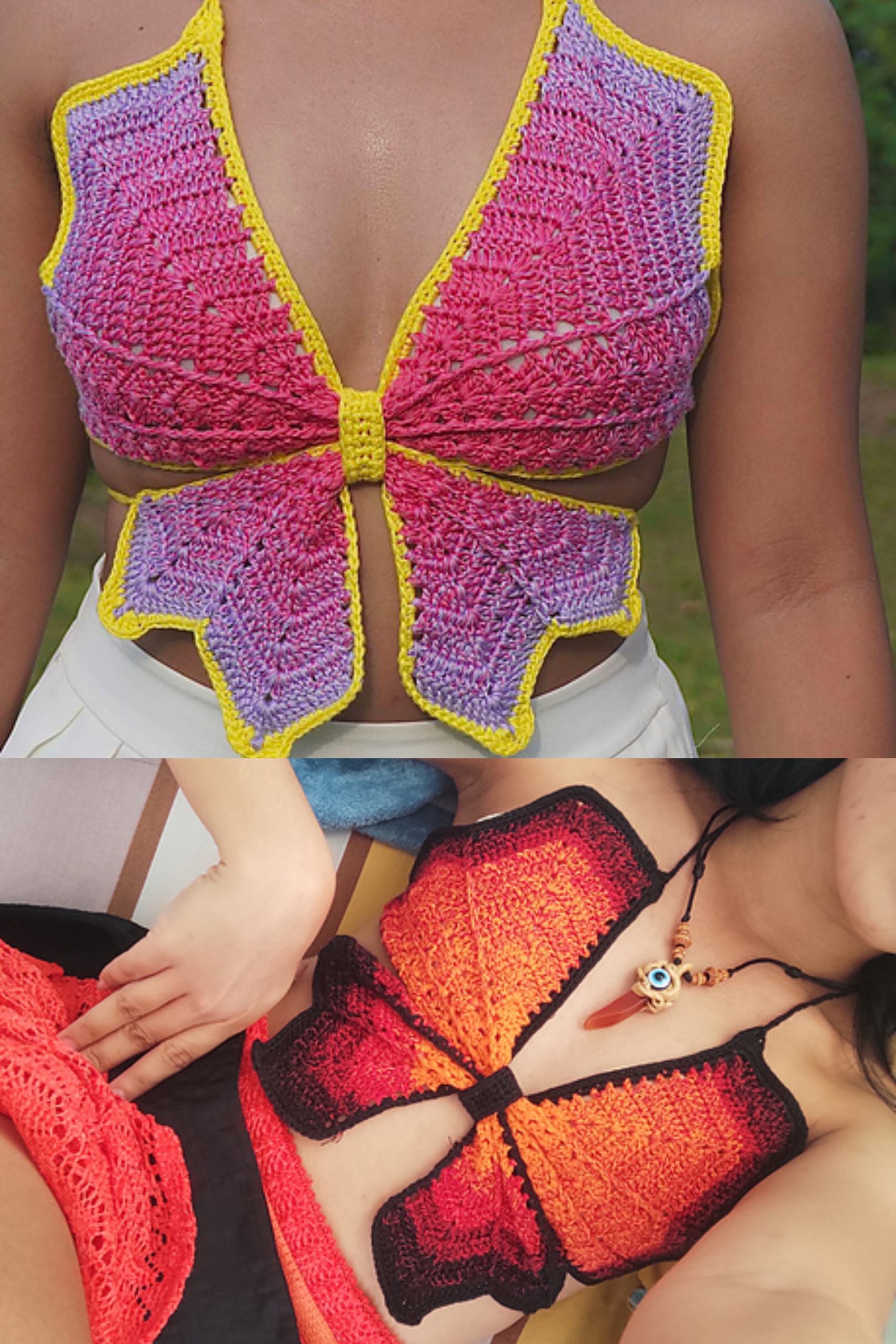 A collage of butterfly crochet crop tops in vibrant colors