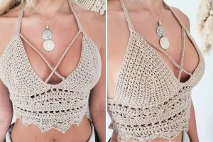 a woman wearing a modern crocheted crop top with halter neck