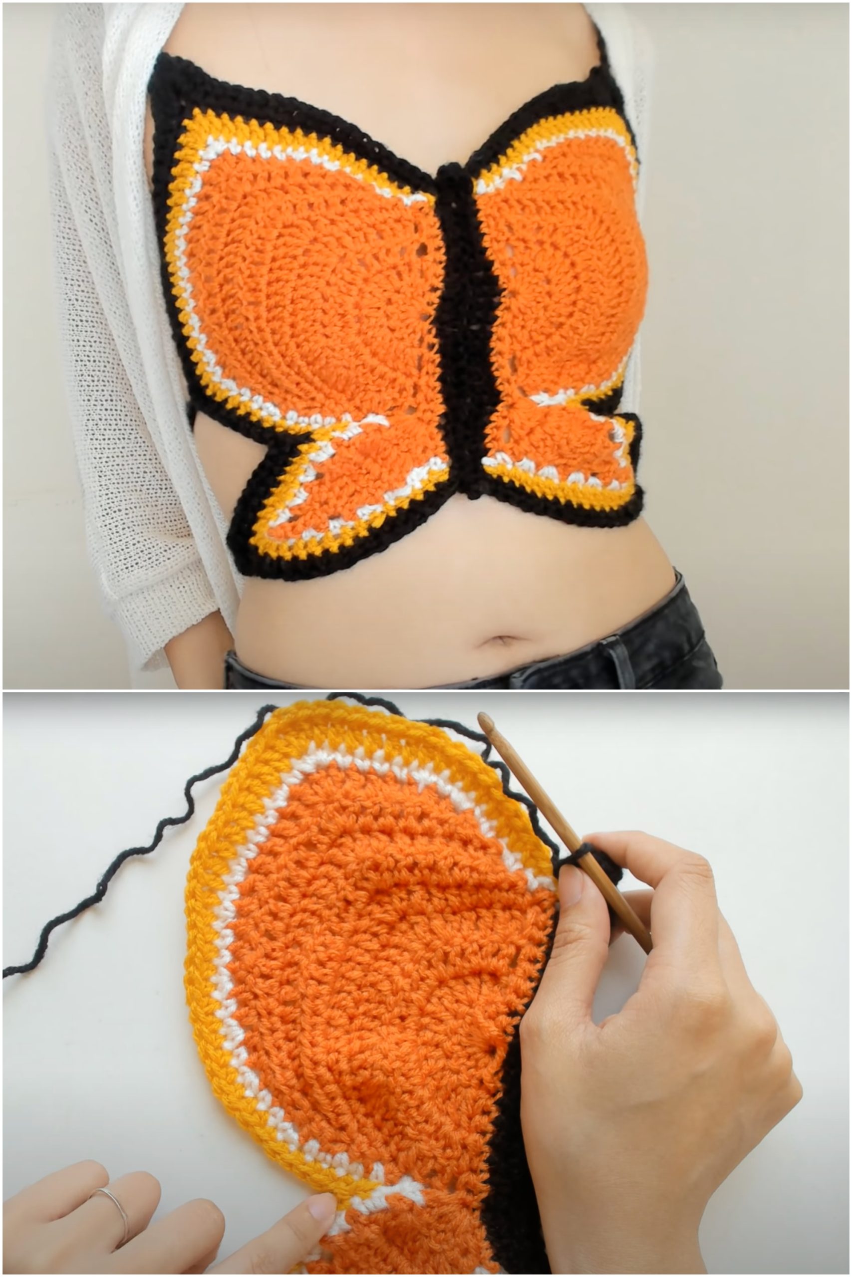 A Monarch-like butterfly crop top crocheted in orange, yellow, white and black