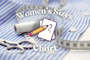 A striped shirt with crochet tools, a tape measure, scissors, and thread spool, overlaid with the text "Women's Sizes Chart" and a drawing of a pencil on paper.