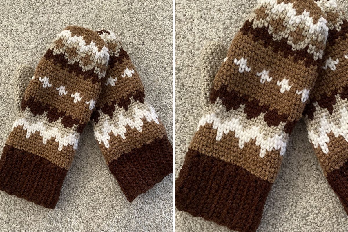 a brown crochet mittens with detailed colorwork design