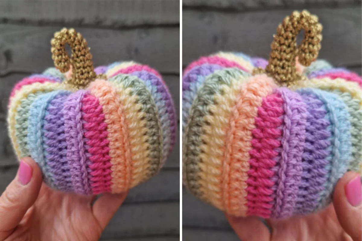 a multicolored crochet pumpkin
