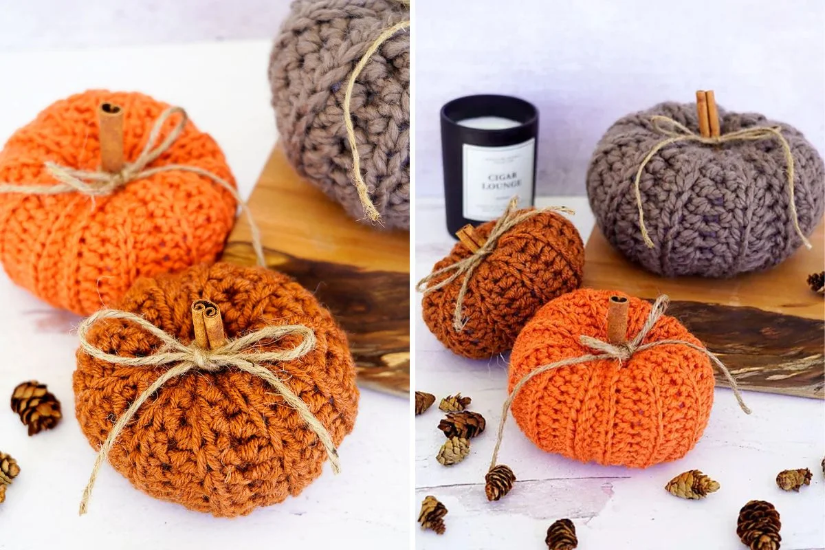 crochet pumpkins in orange and brown