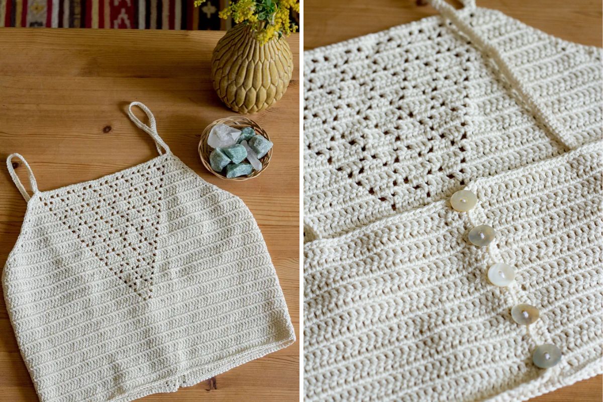 a white crochet top with diamond-themed lace motifs in the neckline section