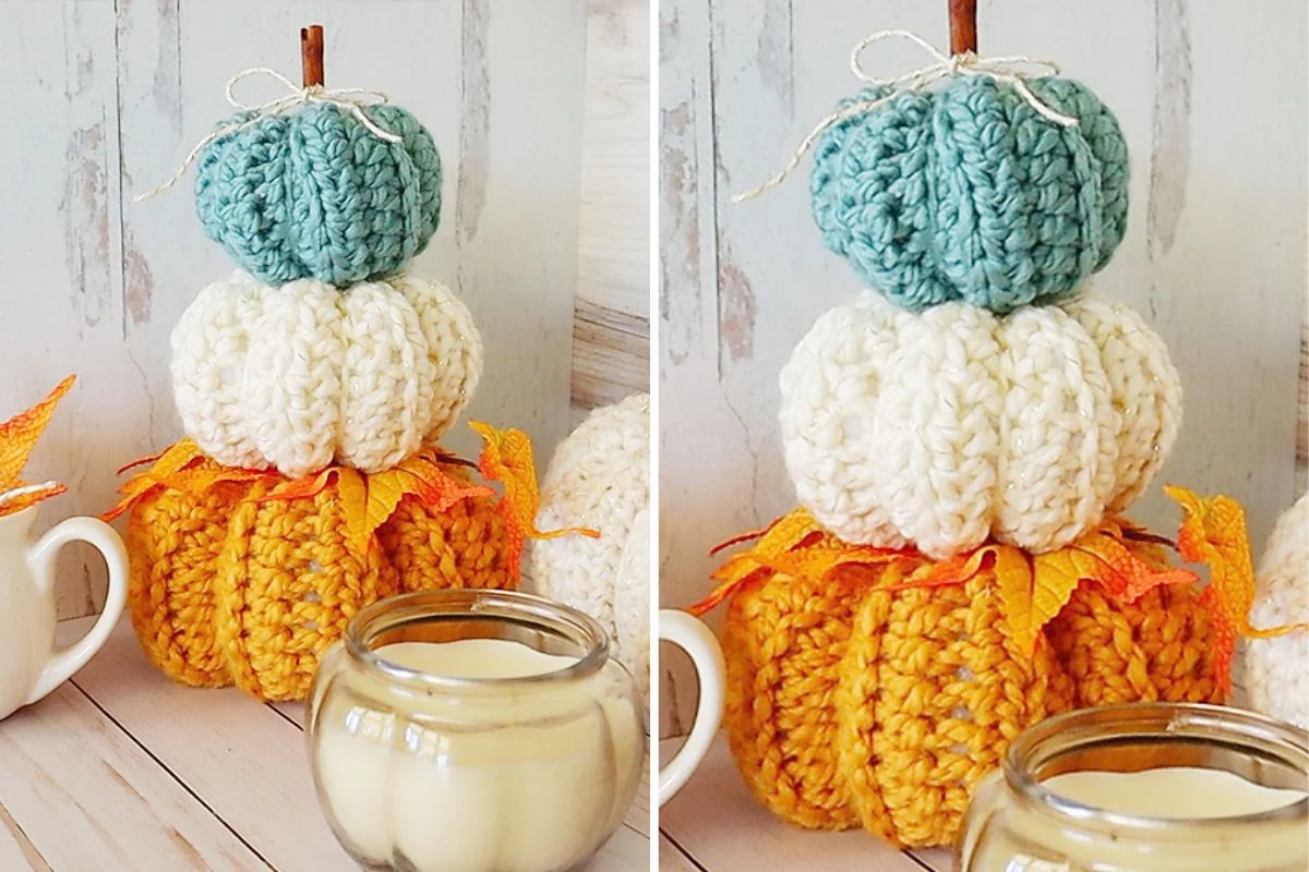 crochet pumpkins piled one on another