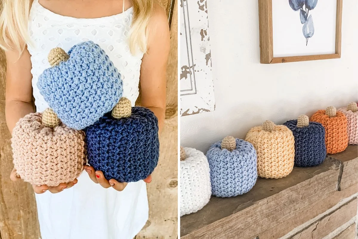 a set of crocheted pumpkins in different colors
