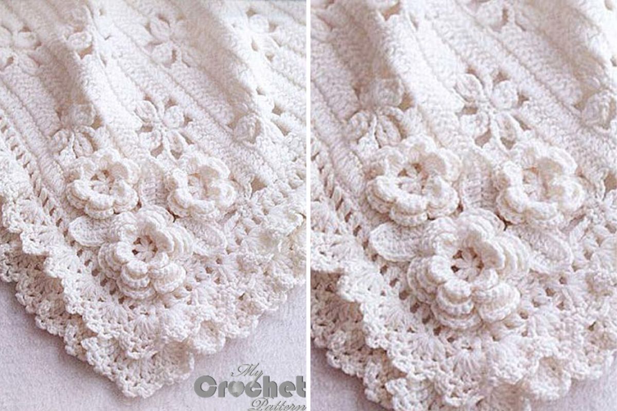 a white crochet baby blanket with a floral design