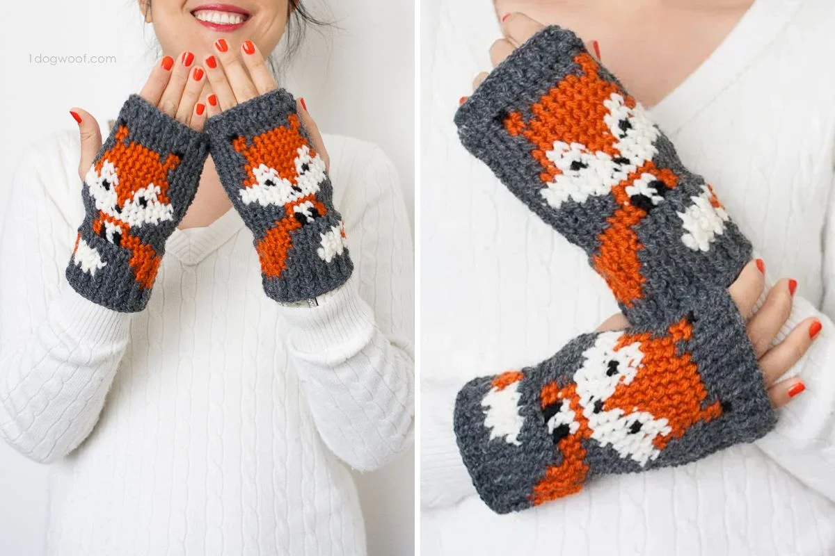 crochet fingerless gloves with a fox tapestry motif
