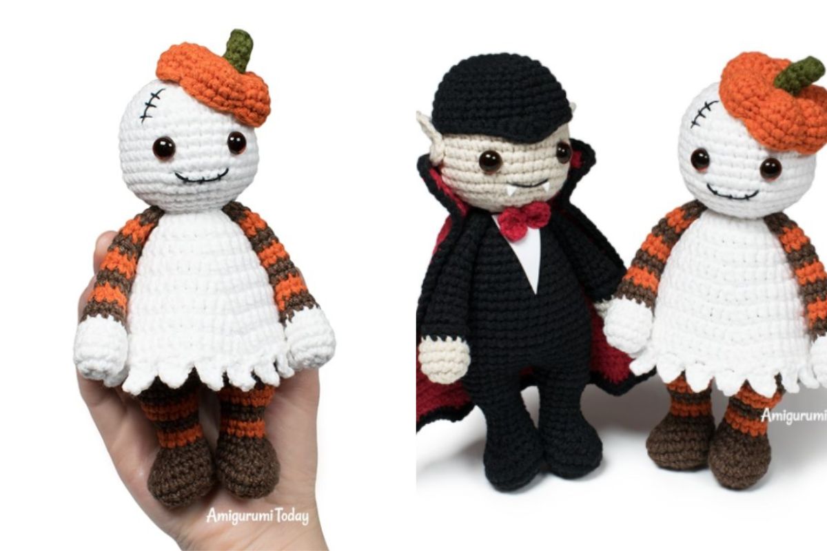 a crochet ghost amigurumi wearing a pumpkin hat