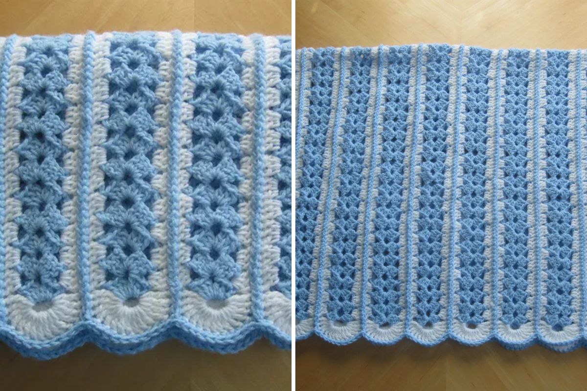 a blue crochet mile-a-minute baby blanket