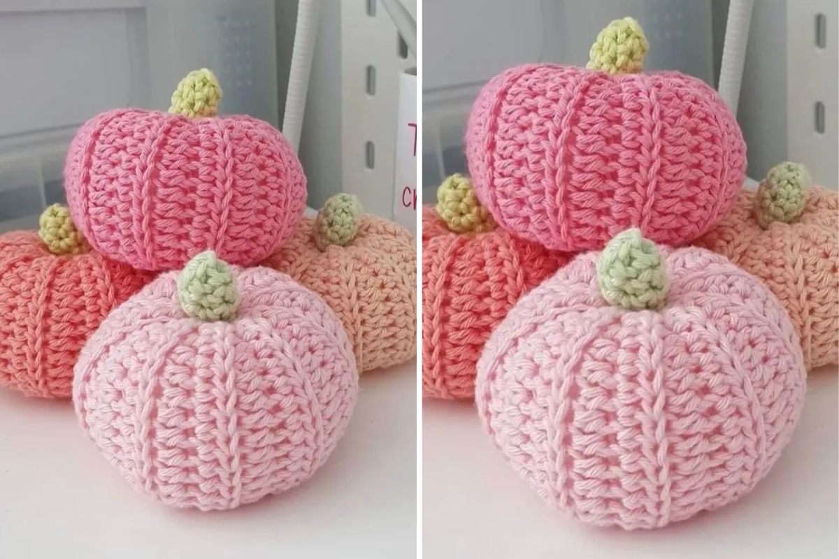 a set of crochet pumpkins in pink pastel colors