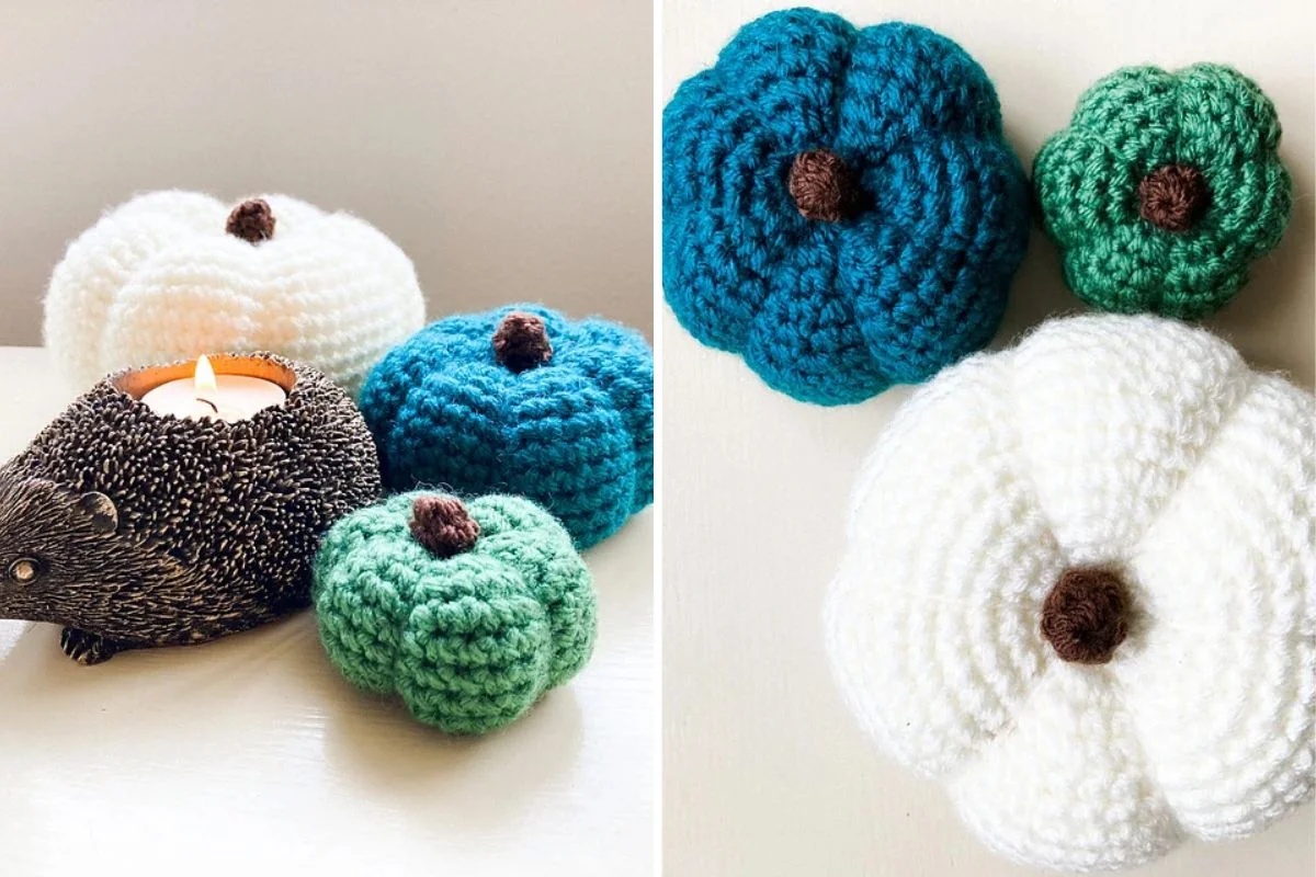 crochet pumpkins in blue, green and white