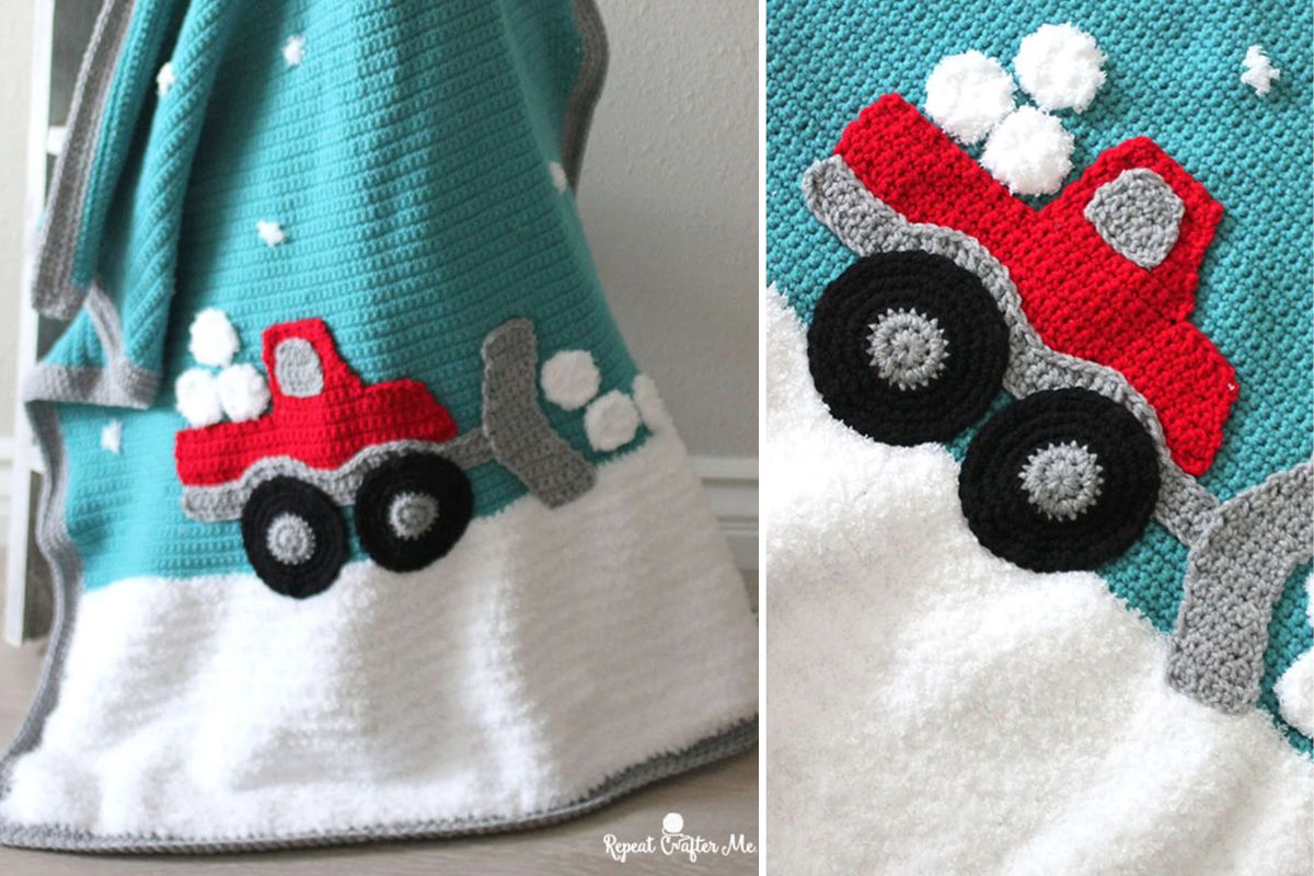 a crochet baby blanket with a detailed winter-themed design