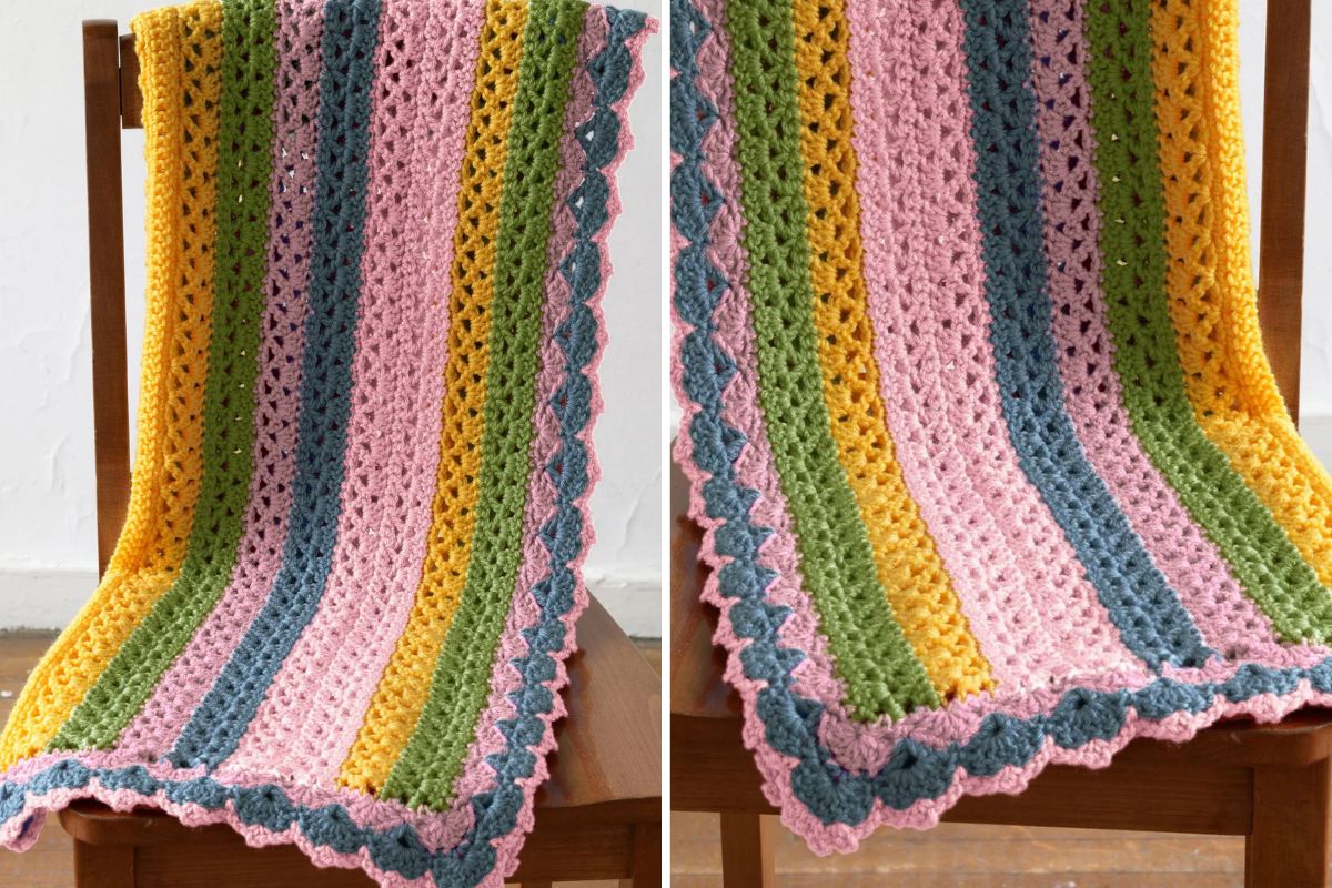 a colorful crochet baby blanket with a striped design