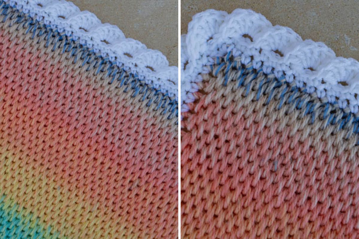 a crochet baby blanket with a warm ombre colorway