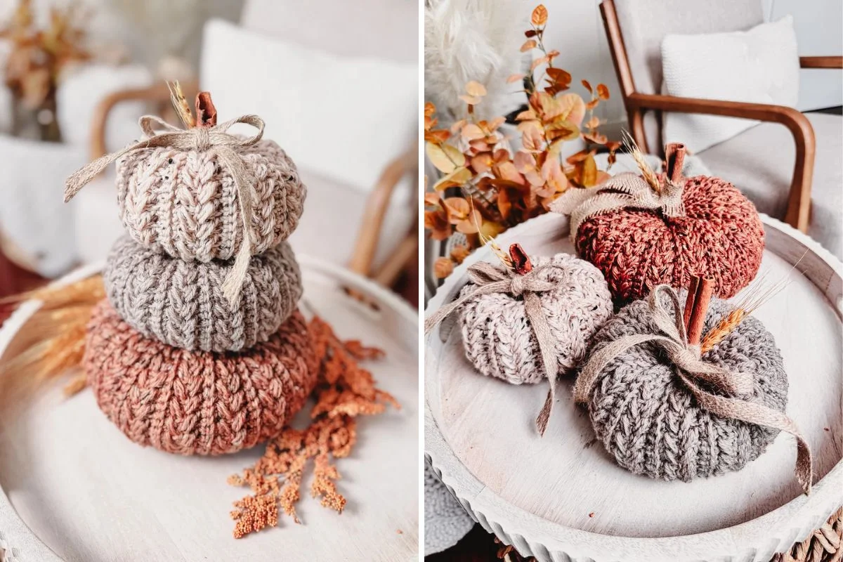 three differently-sized crochet pumpkins piled one on another