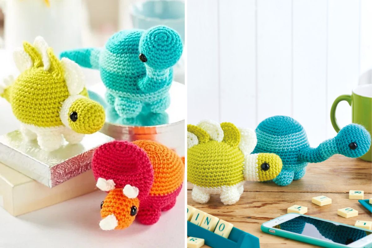 a set of crochet dinosaurs in vibrant colors
