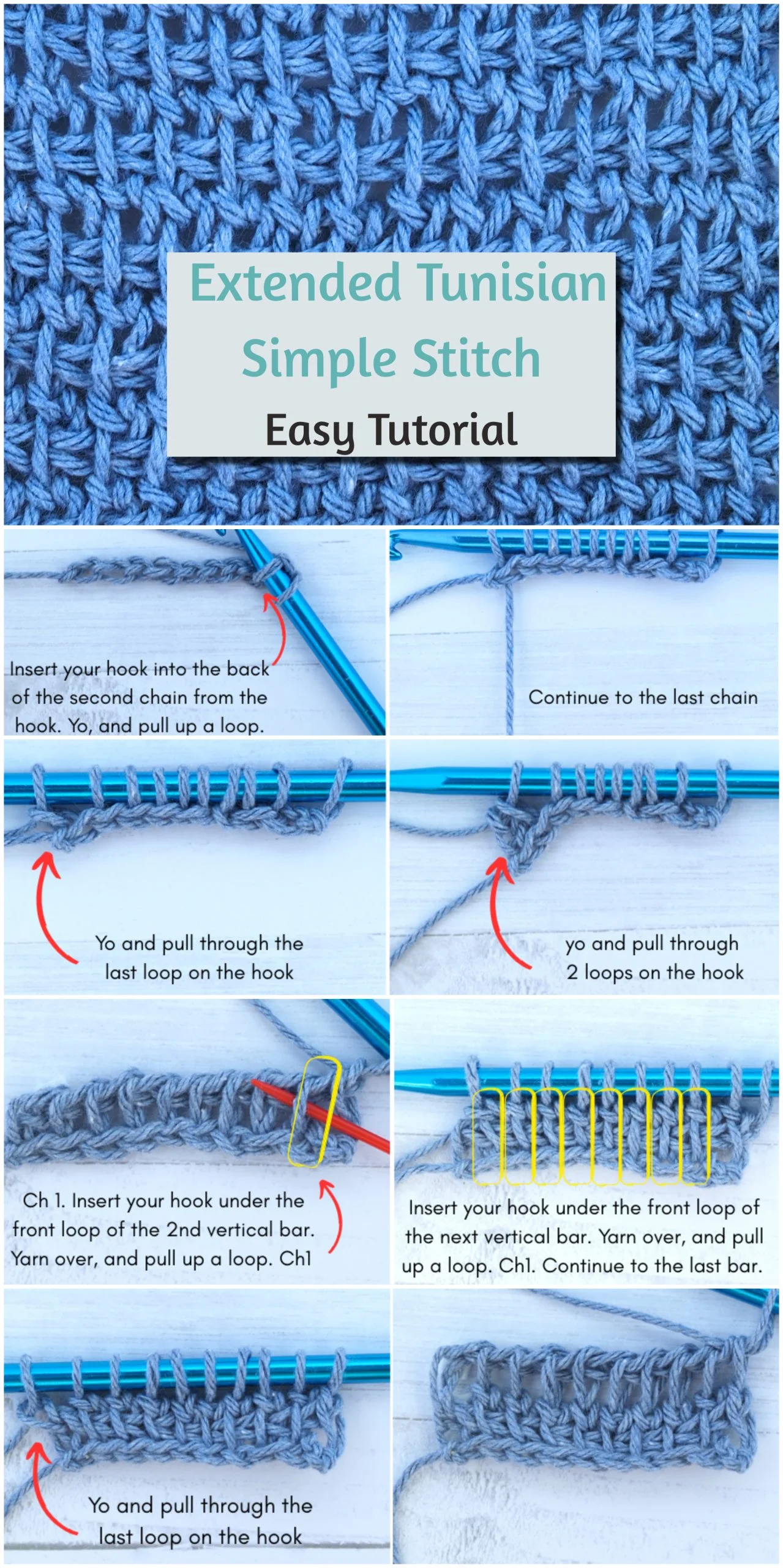 Grab a summary of a Extended Tunisian Simple Stitch technique in an easy to save Pin