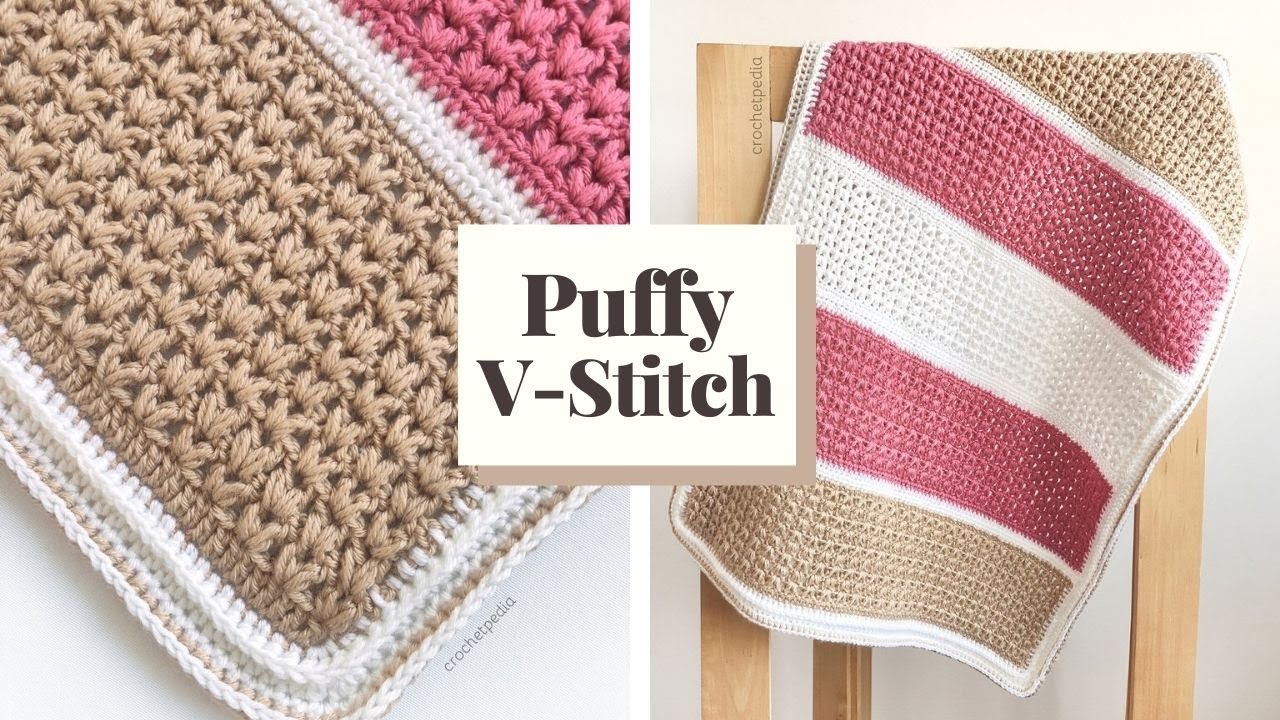 a crochet blanket featuring wide stripes in pink, white and dark beige