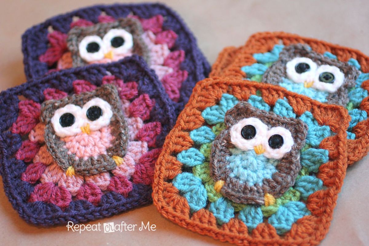 crochet granny squares with owl appliques