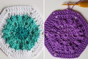 two differently-colored crochet hexagons