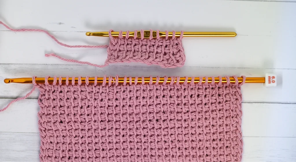Tunisian stitch swatch made with Tunisian hook vs regular hook