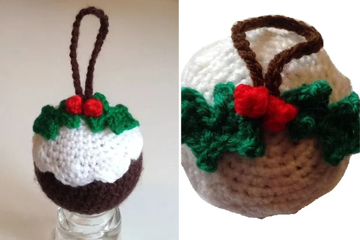 a crochet bauble inspired by pudding dessert