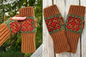 a brown crochet granny square gloves