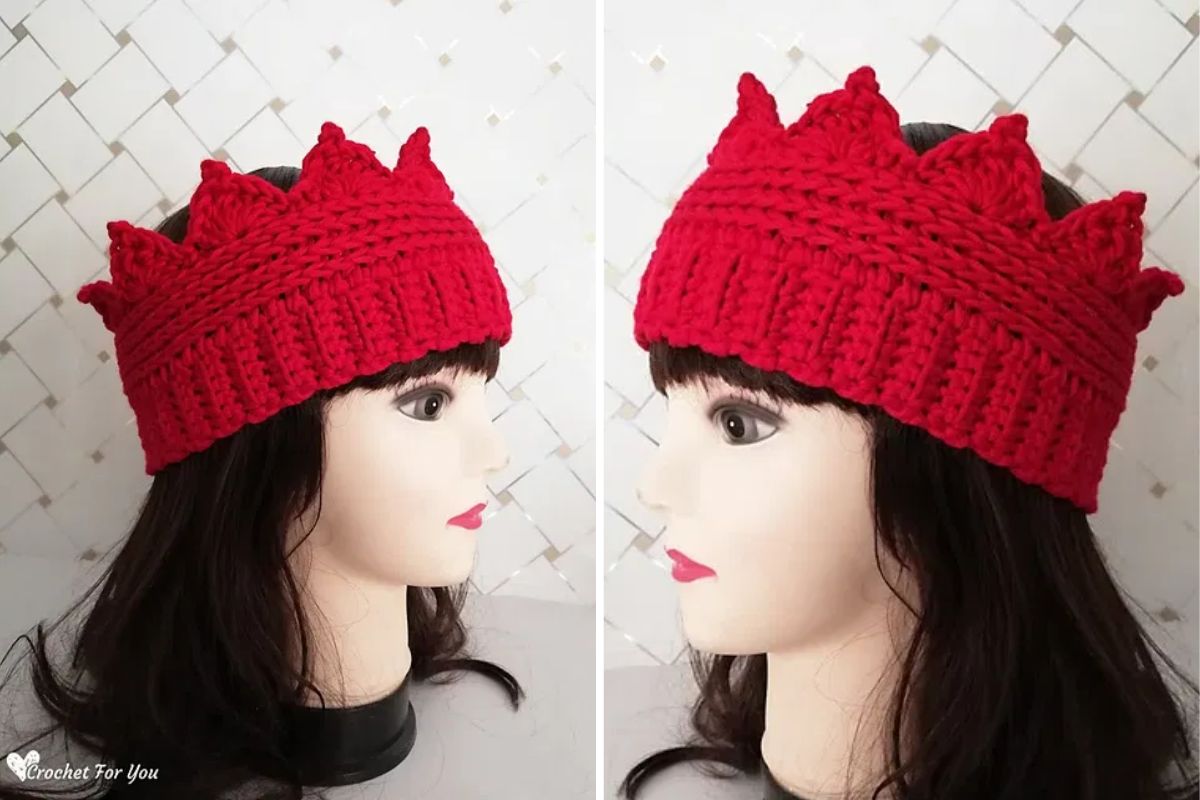 a red crochet headband shaped like a crown