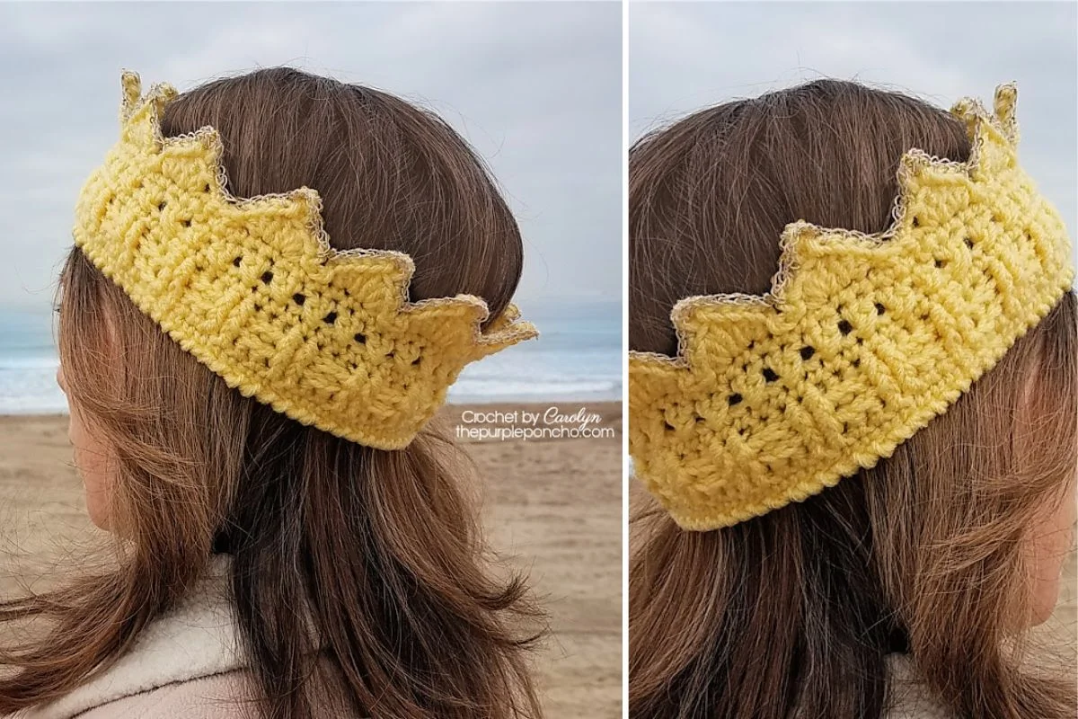 a person wearing a yellow crochet crown headband