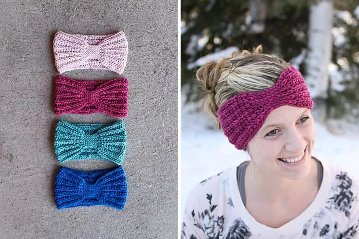 a set of crochet headbands in different colors