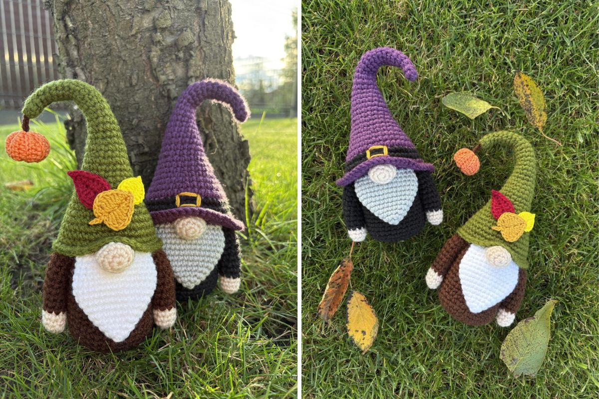 two crochet Halloween gnomes