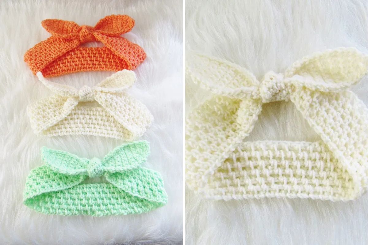 three crochet baby headbands in different colors