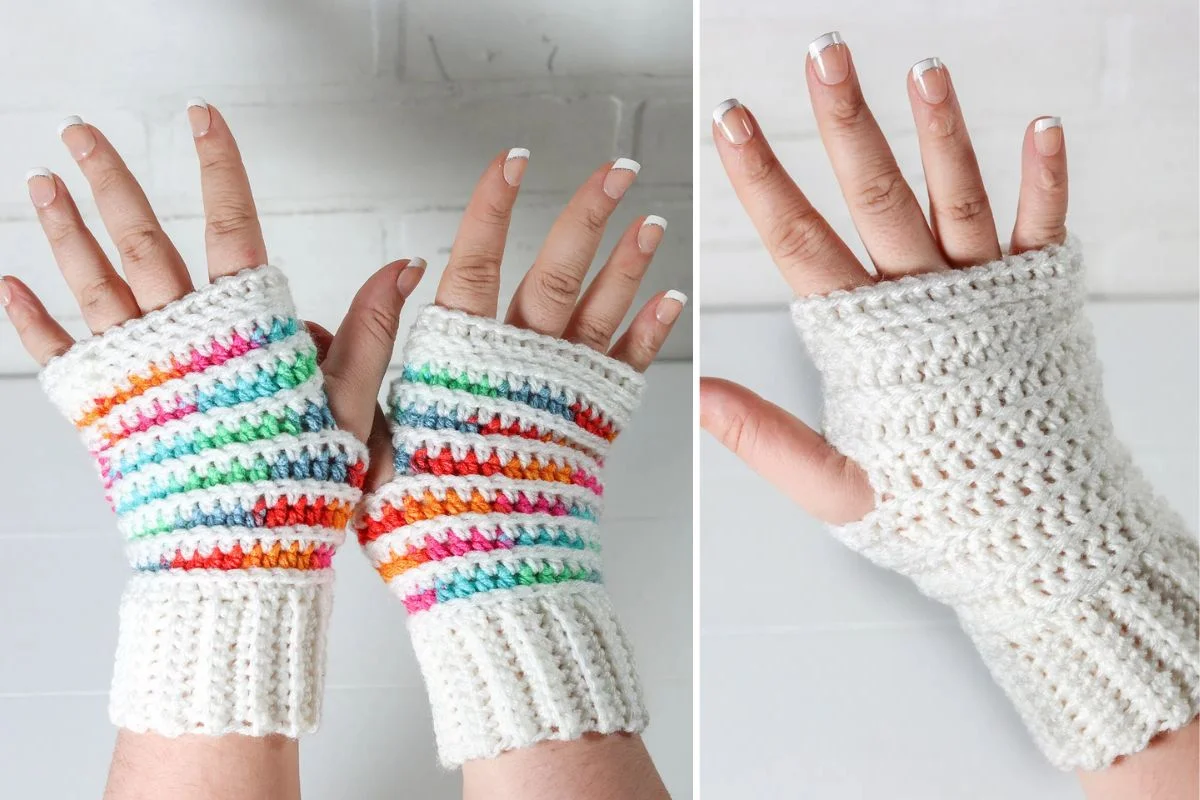 a white crochet fingerless gloves with colorful accents