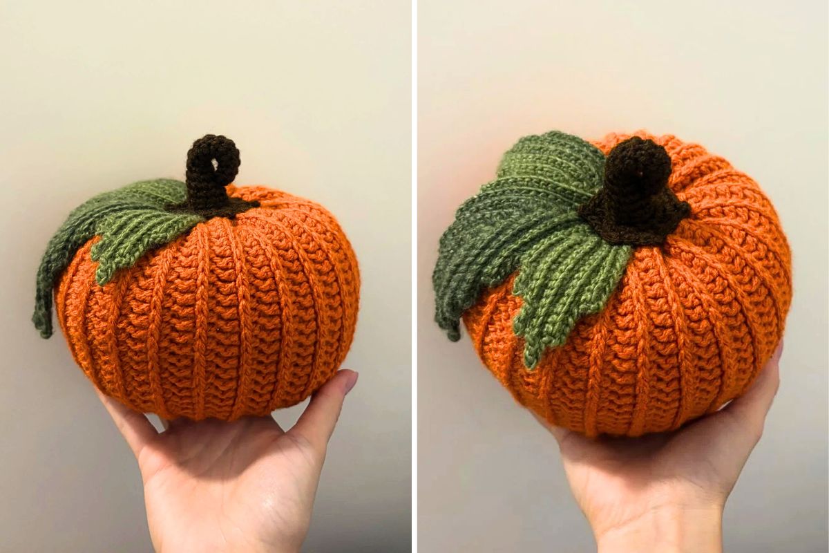 a crocheted pumpkin in orange color