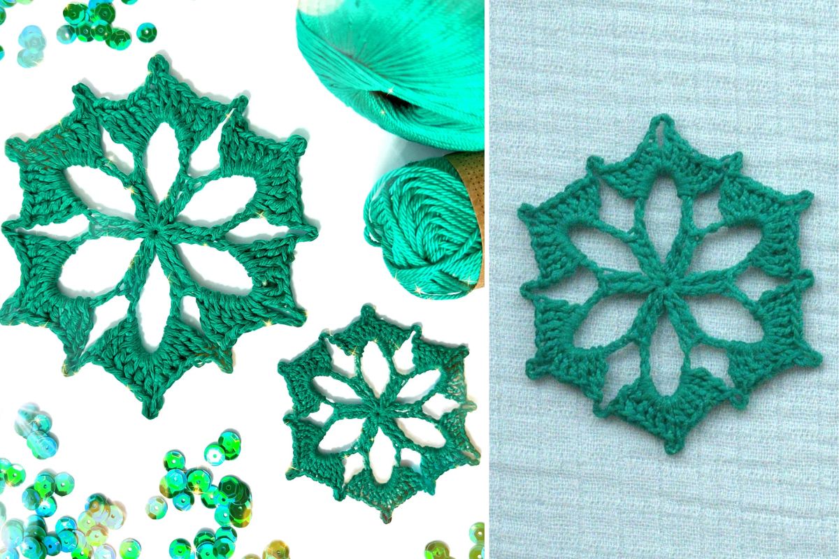 crochet snowflakes in green
