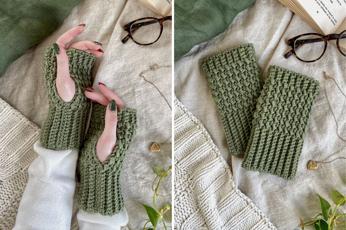 a green crochet fingerless mittens