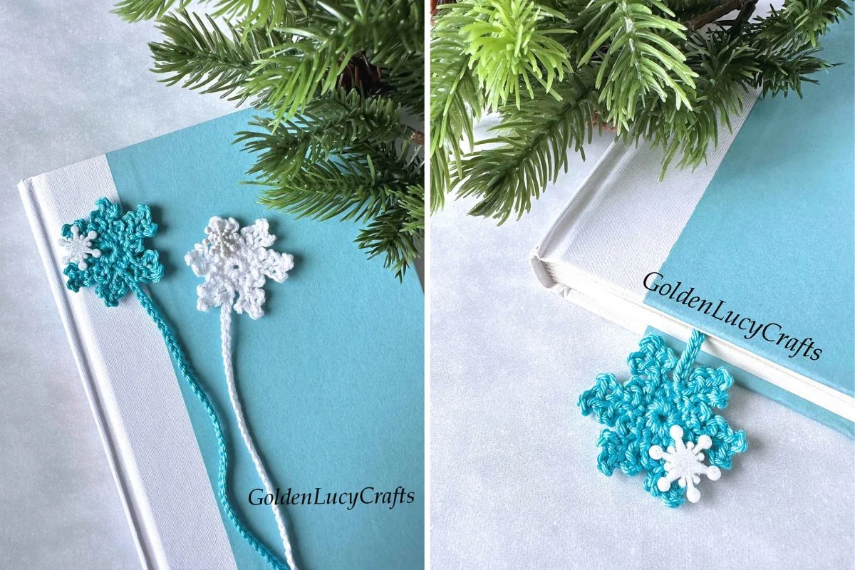 crochet bookmarks with tiny snowflake motifs
