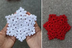 two crochet snowflakes in white and in red