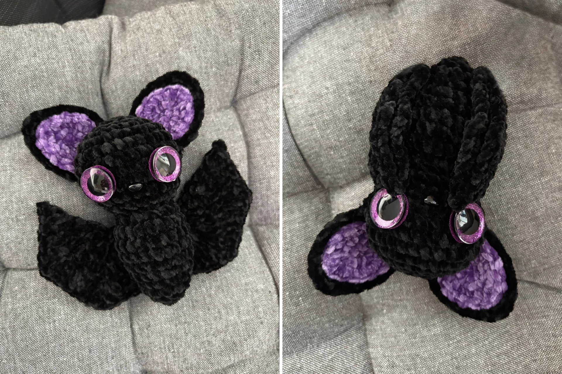 two pictures of crochet bats, one with spread wings and one with folded wings