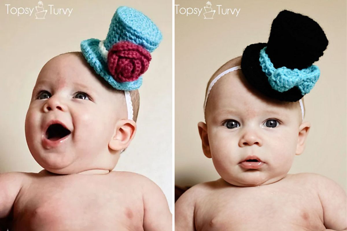 a baby wearing a whimsical crochet photoshoot hat