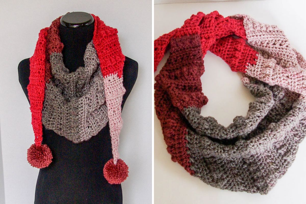 Two views of the Mod Scarf in red, pink, and gray tones—with pointed ends and large pom-poms—perfect for warding off the Autumn Chill. Displayed on a mannequin and arranged in a circle.