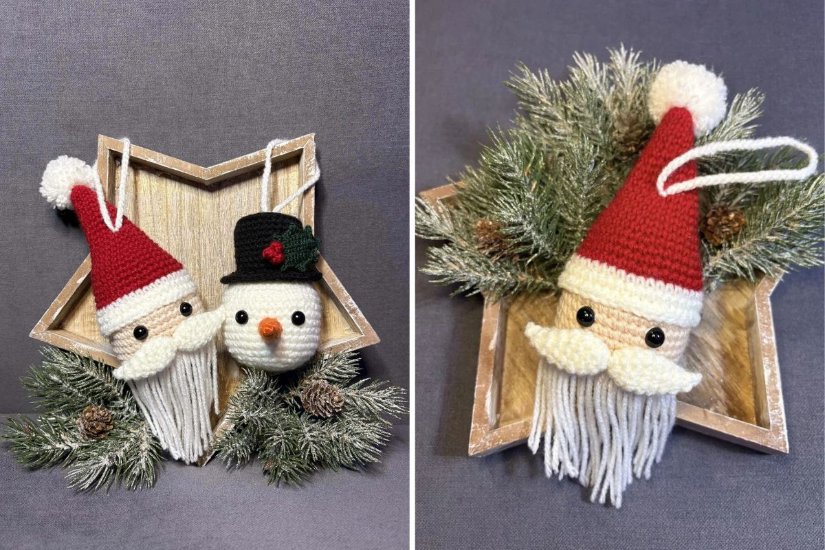Two photos showcase crocheted Christmas ornaments of Santa and a snowman, featuring yarn details and hanging on a wooden star adorned with artificial pine branches.