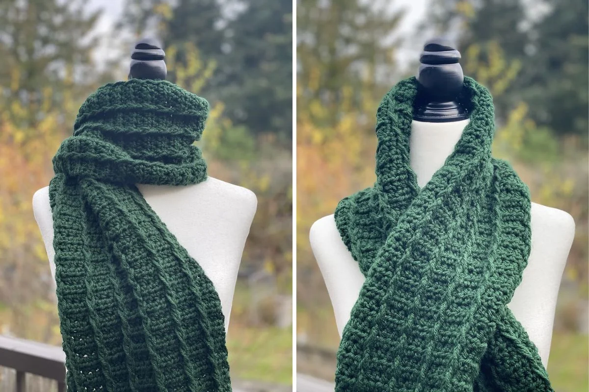 A dark green, chunky crochet scarf displayed on a white mannequin, shown from two angles outdoors against a blurred natural background.