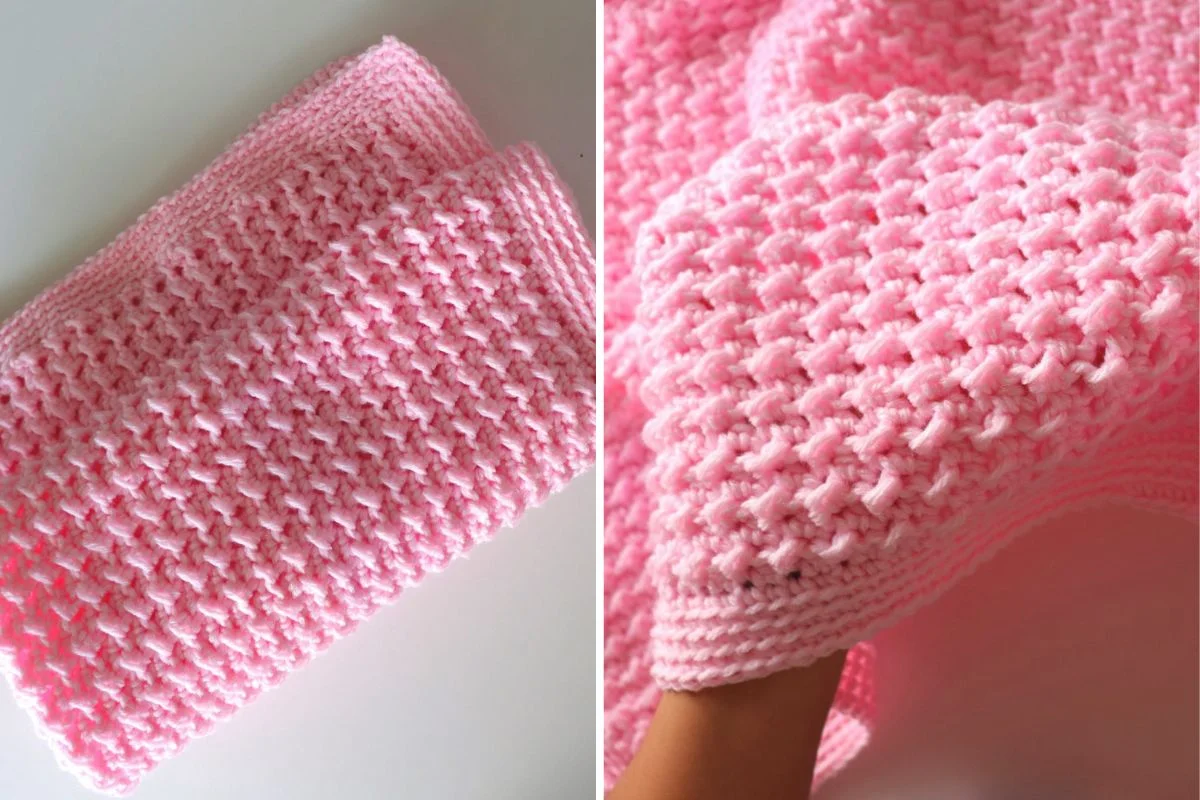 A folded light pink crochet beginner blanket is shown on the left, and a close-up of its textured stitch pattern is shown on the right.